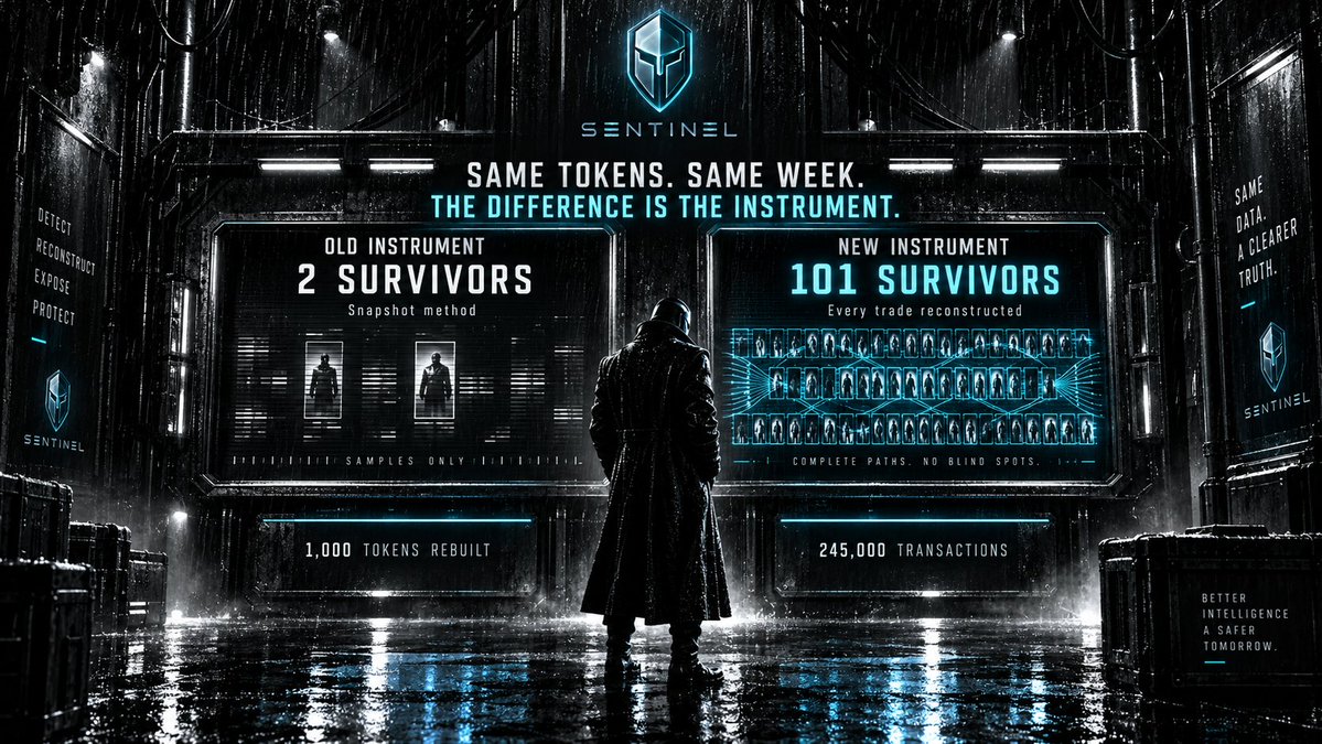 refusalengine_'s tweet photo. My old instrument found 2 survivors. My new one found 101. Same tokens, same week.

Yesterday I published that my experiment had failed. Zero survivors out of 159,420 positions. I couldn't certify that a single token avoided a 60% crash in six hours.

Today I can. Here's what changed, and it wasn't the market.

The old way. I checked each token's price every few minutes. Between checks I was blind. If a token was worth 0.45 before a gap and 0.45 after, it might have stayed flat — or dropped to 0.39 and come back. Two identical observations, two different histories, no way to tell them apart.

So I could almost never certify a survivor. Not because none survived. Because snapshots can't prove what happened between snapshots.

The new way. Instead of photographing the price, read every trade. Every single transaction that changed the price, in order. Not samples of the path — the path.

I rebuilt 1,000 tokens that way. 245,000 transactions.

The old method certified 2 survivors. The new method certified 101.

Same tokens. Same definition. Same six hours. The difference is entirely the instrument.

And the old one wasn't wrong about those 2. It was blind to the other 99.

Three things I checked before believing it.

The reconstruction matches what I independently recorded, to the lamport — 0.000% disagreement across 90 tokens, 269,000 transactions, from the quietest to the busiest.

Zero unresolved cases. Every single token got a definite yes or no, where the old method left one in five unanswerable.

And the cost: 2.7% of my monthly allowance. The busiest token in my entire database costs 28 requests to reconstruct completely.

The part that stung. On 80 tokens where both methods agreed a crash happened, the new one shows the crash arrived 21 minutes earlier on average — worst case, nearly six hours earlier. My old instrument was never wrong about what happened. It was systematically late about when, always in the same direction, because a camera can only notice something at its next photograph.

And the twist I didn't expect. Survivors cluster in the busiest tokens — which is exactly where my old sampler had the least coverage. So the tokens I couldn't measure weren't a random fifth of the data. They were the fifth that contained the answer.

Ten weeks. Two experiments closed. This is the first week something worked.

Nothing traded. Still nothing to sell. The actual idea is still untested — but for the first time I have an instrument that could test it.
