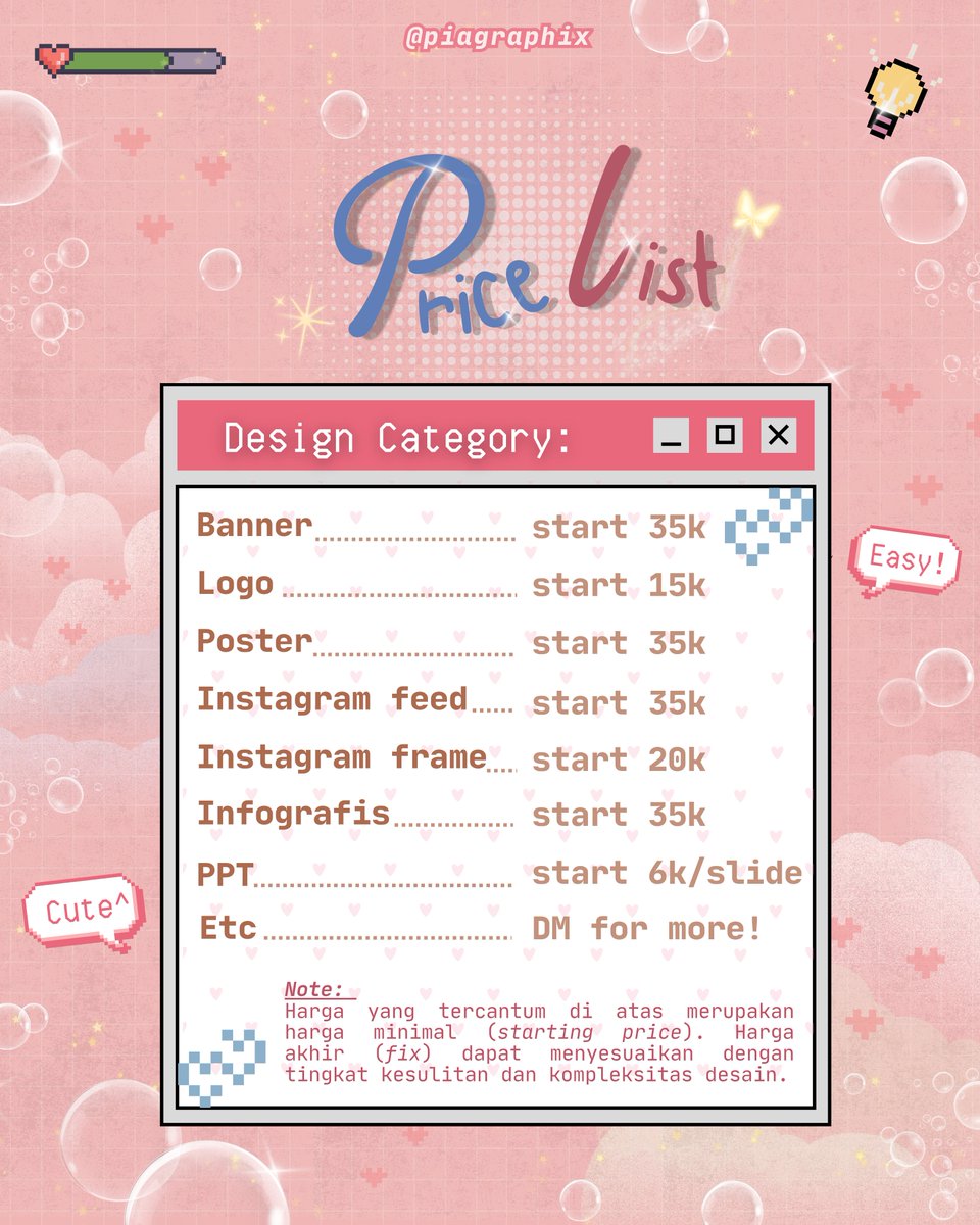 piagraphix's tweet photo. hii guyss! ak open order jasa design niyy, barangkali ada yang tertarik. kebetulan ak ada background pengalaman sebagai pdd di organisasi selama 1 tahun di sma jadi Insya Allah bukan designer yang asal-asalan yaahh. let's check it out😋✌🏻✨
#zonauang #zonaba #jasaedit #jasadesign https://t.co/pSI3vaOcHd