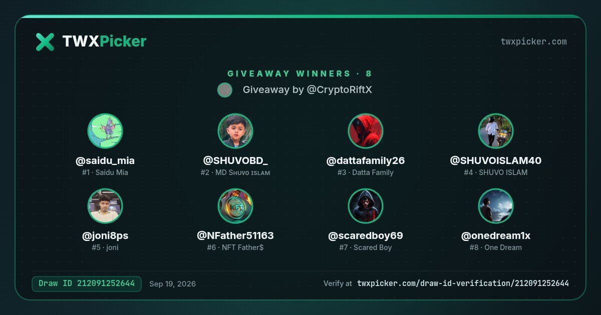 CryptoRiftX's tweet photo. 🎉 Our giveaway winners:

🏆 @saidu_mia
🏆 @SHUVOBD_
🏆 @dattafamily26
🏆 @SHUVOISLAM40
🏆 @joni8ps
🏆 @NFather51163
🏆 @scaredboy69
🏆 @onedream1x

Verify it: https://t.co/ii3LkkP61R · Draw ID: 212091252644 ✅

Congrats to the winners 👑 & thanks to everyone who entered 💚

@twxpicker #TwXPicker #Giveaway