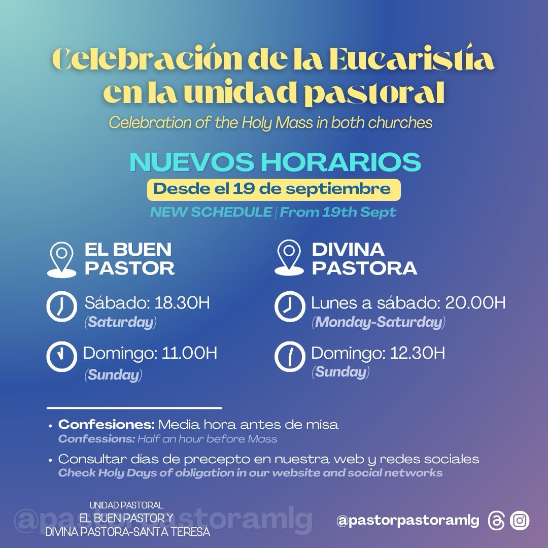 HPrendimiento's tweet photo. 📣#NOTICIA | Os dejamos los horarios de misa que tendrán lugar a partir desde hoy 19 de septiembre. 

Puedes consultar toda la información en el cartel que adjuntamos.

#UnidadPastoral
#PrendimientoyGranPerdón 
#CofradíasMLG https://t.co/HkKfrEstD4