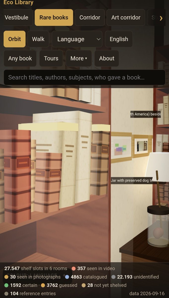 cscolari's tweet photo. Para visitar y reflexionar el fin de semana 🔥👉 @emollick usó Fable 5.1 para reconstruir la biblioteca de Umberto Eco en 3D. Eco guardaba miles de libros en su apartamento de Milán. La IA no pudo encontrar un plano, así que decidió trabajar a partir de una docena de vídeos, las fotografías disponibles de cada estantería y dos catálogos de la biblioteca. Analizó los lomos de los libros fotograma a fotograma, dedujo las habitaciones y colocó los aproximadamente 5.000 libros que pudo identificar (de un total de 27.000) en los estantes. Marcó cada libro como seguro, supuesto o desconocido, y dibujó fuera de foco las estanterías que las cámaras no pudieron cubrir. 

Si se detuviera hoy mismo la innovación de la IA, con los modelos actuales tendríamos varios años de desarrollo en infinidad de disciplinas y sectores. 

Coincido también con @emollick en que uno de los problemas que tenemos es "la lentitud con que funcionan nuestros sistemas y procesos -profundamente humanos- respecto al ritmo del desarrollo de la IA" 🤔 #MediaEvolution 

La biblioteca:
https://t.co/XeHHFjt7EB
El artículo de Mollick: https://t.co/1kWO43syM3 

@piscitelli @alvaroliuzzi @AlexValverde_V @FerrarelliM @julitoalonso @unfernandezmas @sandvaldettaro @gastoncingolan1  @nigropatricia @FdezMallo @paologranata @borovinsky @ugemitch @CIM_UNR @sebalacunza @mateomortola @rayovirtual @martinhadis @julietalionetti