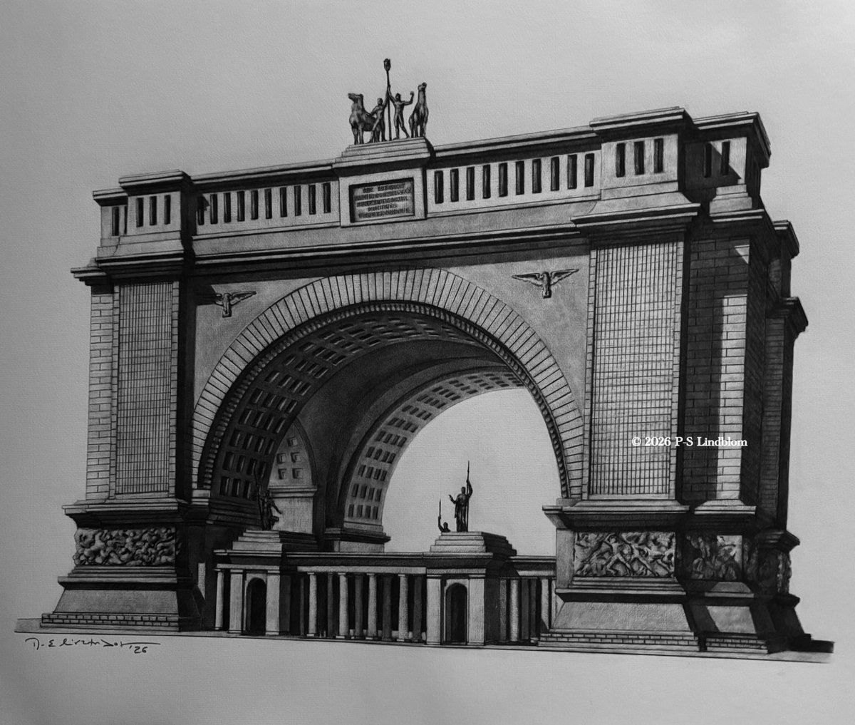 ArnoBrekerArt's tweet photo. Finished! A pencil drawing of a model of the Triumphal Arch on the North-South Axis, c. 1940. Like the Volkshalle this too originated from a sketch dated from about 1925. This too was never built. 

In the final designs, this became 118 meters high and 170 meters wide, so the arch would have been about twice as high as the Victory Column. The basic form, as well as the portico below, can be seen as attempts to make the proportions of the enormous cube more comprehensible to the human observer. The triumphal arch was intended to stand at the northern end of the one-kilometer-long station forecourt and form the monumental prelude to the central section of the north-south axis. 

Judging from the photograph of the presentation model, it was about 1.5 meters high and was designed for better inspection.

While triumphal arches were traditionally erected following military victories, the intention here was presumably to glorify the victorious conclusion of the Second World War as a retrospective “fulfillment of meaning for the immense blood sacrifices” made between 1914 and 1918. Reportedly it was planned to have “the names of all German soldiers who fell in the First World War carved into this arch.”

All artwork © protected. 

Limited edition prints will be available soon 
33cm x 48cm • 100 copies 
50cm x 65cm • 100 copies 
FREE SHIPPING WORLDWIDE