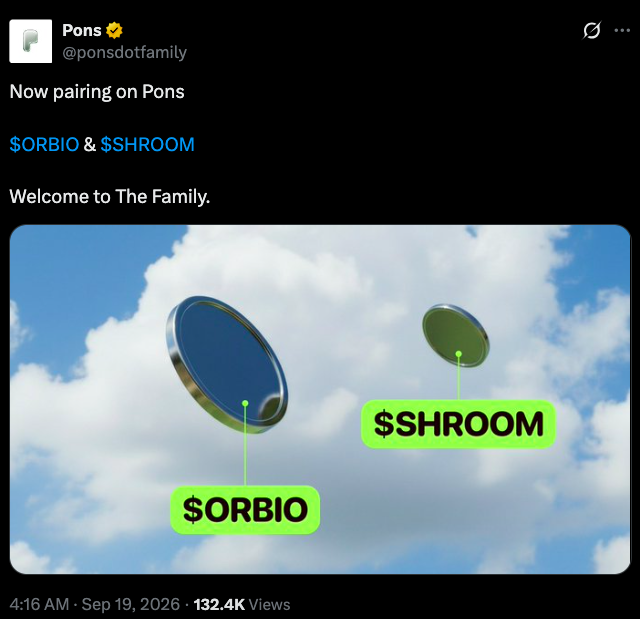 RealAlexBob's tweet photo. BULLISH NEWS ABOUT $PONS

PONS is launching a new meta and changing what tokens are launched against

Used to be simple: meme vs stocks. Works for some stories but not for most. If it’s not about blue chips, the pair feels off and the niche just doesn’t buy it

What’s new:

- @ponsdotfamily listed $ORBIO and $SHROOM as pair assets. Not stocks. Family tokens

- @TheIndexFi is pushing onchain ETF/Blend, that’s the next layer

Pons already has SPY, QQQ, stocks, BTC, and RWAs.
2 moves from here:

- meme vs meme
- meme vs S&P 500/QQQ/custom basket

A better pair → a clearer story → more conviction → bigger run
Fees go to the protocol, creators earn in the asset they’re trading against, and PONS is the flywheel: fee → buyback → burn

Buyback isn’t a team button. Burns are regular, the trigger is public.

Stock pairs were an experiment
Family cross-pairs are live
ETF pairs would be the next layer

It’s a new launch format