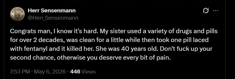 MarkDeeksNBA's tweet photo. @Herr_Sensenmann @street_trashed I wish you well in dealing with the pain of losing your sister to drugs. But the way to deal with that is not to try and goad other women online into doing what she did. This isn't "droll" "trolling". This is inhumane. https://t.co/A3djThPvu9
