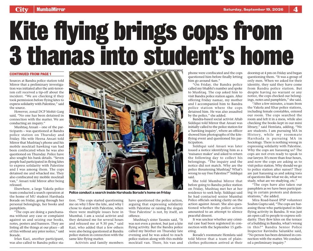 DiwakarSharmaa's tweet photo. IS IT A CRIME TO SAY ‘FREE #PALESTINE’?

#Bandra Police accused of harassing Mumbaikars who flew kites in solidarity with the Palestinian cause and #Gaza’s children on September 15

#KiteFlying https://t.co/a2Eo1I3C32