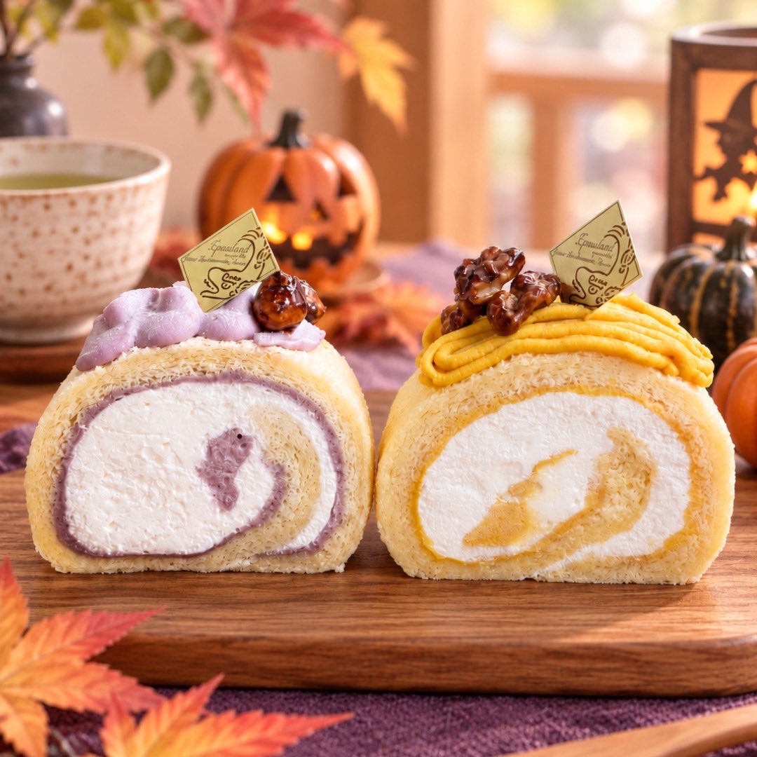 shachimonaka's tweet photo. 🎃新商品🎃

明日9/20（日）秋の新作ロールケーキ2品が登場します🍂

紫芋のやさしい甘みが広がる「ルレ・ビオレ」と、かぼちゃのコクとまろやかな甘みを楽しむ「ルレ・ポティロン」。

紫芋とかぼちゃ、秋らしい2つのおいしさをぜひお楽しみください！ https://t.co/roQ4UU5Kjx