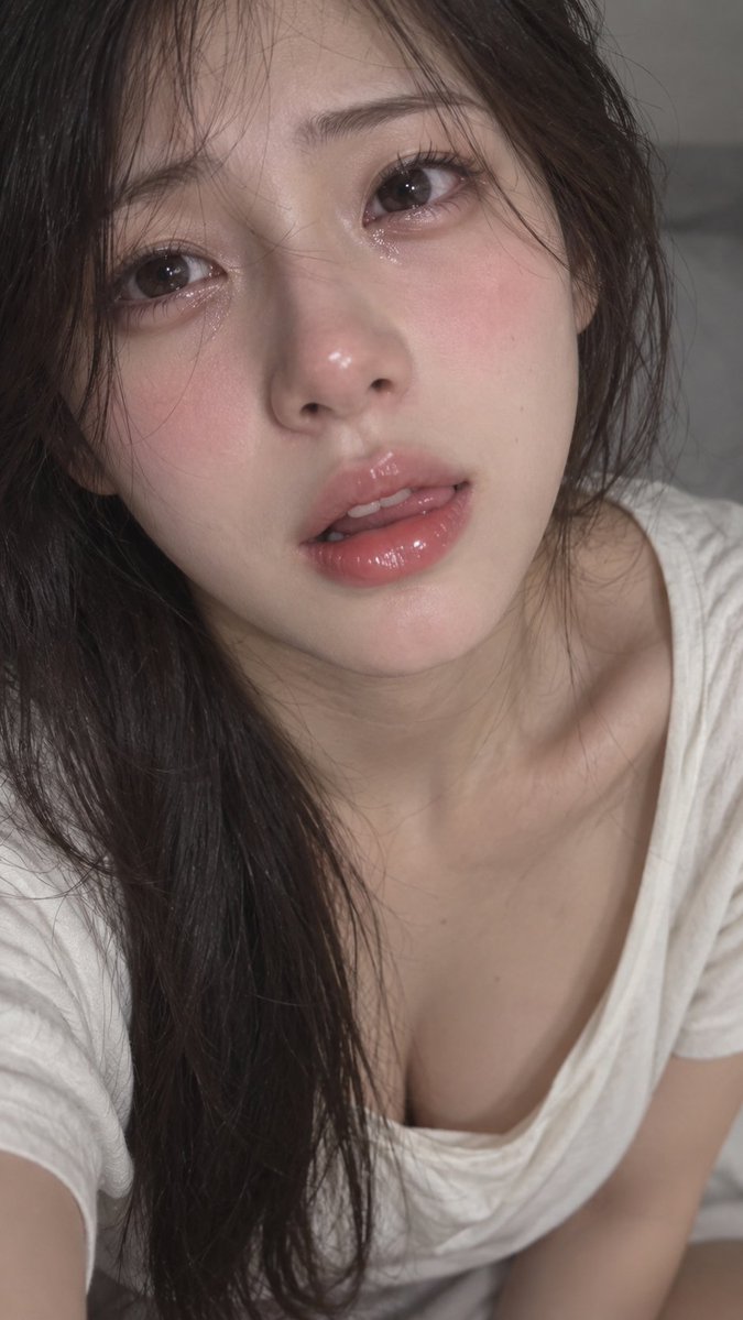 Aimi_kute's tweet photo. "That Look” 👀

✨#ChatGpt Prompt 👇

9:16 tight chest-up portrait of an adult East Asian woman with a small oval face, moist-looking almond-shaped brown eyes staring directly into the lens as if looking into her lover’s eyes, a straight nose, slightly parted glossy nude-pink lips, fair skin with flushed cheeks, and long black hair falling messily around her face with many loose strands across her cheeks. An atmosphere of restrained desire, as if only a single breath remains between them. A coaxing, pleading mood, her breath almost reaching the frame.

She wears a wide-neck off-white cotton T-shirt. She lifts her face very close to the camera, her eyelids lowered, her moist eyes looking at him as if asking him not to lower the camera. Her lips are glossy and damp; she has just lightly licked the corner of her lips before parting them again. Her cheeks and collarbones are softly flushed. She leans her upper body straight toward the lens, with her left shoulder slightly lower and her collarbone pushed closer to the camera. Completely unposed.

The camera is pushed in extremely close, using a 50mm lens, approximately 28 cm from her face. The subject fills around 93% of the frame, tightly cropped from her hair and cheeks down to her collarbones, with her face positioned slightly left of center. The gray background is completely blurred and indistinct.

Neutral lighting, with highlights catching the moisture on her lips and at the corners of her eyes. The approximate color distribution is 55% skin tones, 21% off-white, 16% black hair, and 8% background. Low saturation, with the bridge of her nose appearing slightly soft due to the extremely close camera distance. Photorealistic snapshot. Do not make negative assumptions.