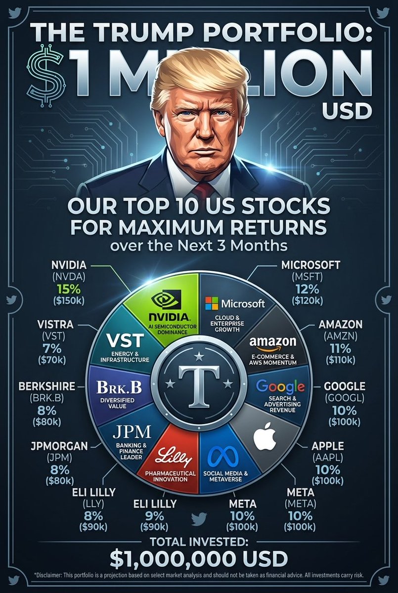 fredmkavindah's tweet photo. 🚨 THE TRUMP $1M PORTFOLIO 📈Our Top 10 US stocks for MAX returns over the next 3 months:   
🔹 $NVDA (15%)
🔹 $MSFT (12%)
🔹 $AMZN (11%)
🔹 $GOOGL (10%)
🔹 $AAPL (10%)
🔹 $META (10%)
🔹 $LLY (9%)
🔹 $JPM (8%)
🔹 $BRK.B (8%)
🔹 $VST (7%)   100% focused on maximum 90-day https://t.co/lchrTbEOxa
