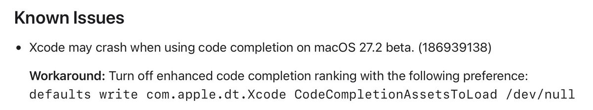 usereditable's tweet photo. PSA: Don't install macOS 27.2 beta if you want to use Xcode code completion. https://t.co/yW4zoK64uP