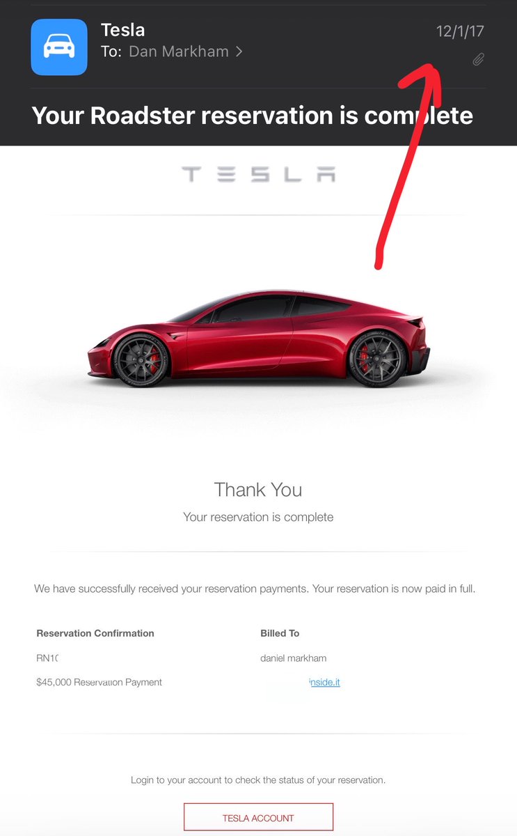 whatsinside's tweet photo. This was confirmation of my $45,000 wire transfer December 1 2017 for Tesla Roadster. 

9 years later, cool to see a lot of the new to Tesla crowd reserving one. 

Can’t wait to see what Elon’s plan are October 1 for this car! https://t.co/fQE2f6ojHN