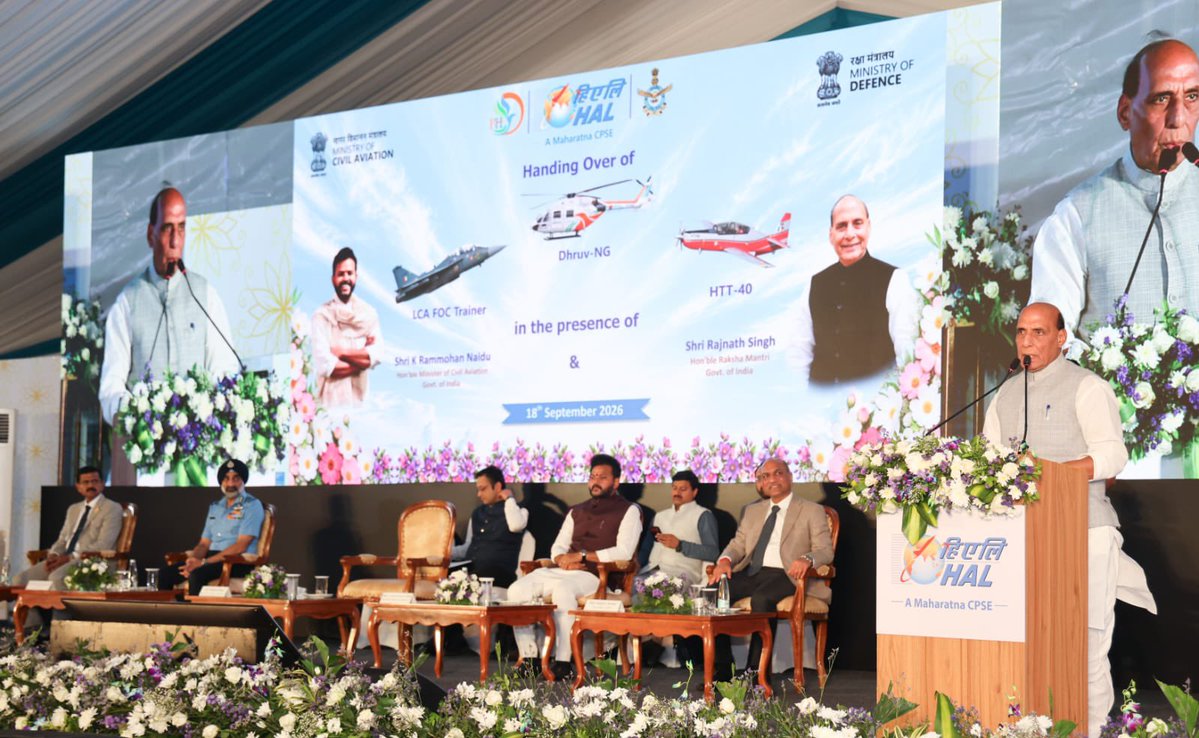 DefProdnIndia's tweet photo. In a milestone towards promoting indigenous design, development and manufacturing in the aerospace and defence sectors, Hindustan Aeronautics Limited (HAL) handed over two Light Combat Aircraft (LCA) Tejas Final Operational Clearance (FOC) Twin Seater Trainers & three HTT 40 Basic Trainers to the Indian Air Force (IAF), and four Dhruv Next Generation (NG) helicopters to Pawan Hans Limited (PHL) in the presence of Raksha Mantri Shri Rajnath Singh and Minister of Civil Aviation Shri K Rammohan Naidu in Bengaluru, Karnataka on 18 September 2026. 

In his address, Raksha Mantri described the handing over as a significant milestone in the nation’s progress towards indigenous aerospace capability, technological self-confidence and self-reliance. He stressed the need to advance systematically in the aerospace sector. 

Terming R&D as a crucial priority area, Raksha Mantri urged young scientists, engineers, designers, test pilots, and technicians to take it as a challenge to create technologies that do not exist today. He called upon them to develop capabilities that secure a leading position for India in the global aerospace technology landscape over the coming decade.

Speaking on the occasion, Minister of Civil Aviation Shri K Rammohan Naidu said that the certification and induction of the Dhruv NG into civil operations marked an important milestone for India's indigenous civil aviation ecosystem. He termed it as a reflection of the growing capability of Indian industry to develop and support advanced aerospace platforms for commercial applications. 

The event highlighted India's expanding capabilities to design, develop, and manufacture advanced defence and aviation platforms under the Aatmanirbharata initiative. Chief of the Air Staff Air Chief Marshal AP Singh; Secretary (Defence Production) Shri Sanjeev Kumar; and Secretary, Ministry of Civil Aviation Shri Samir Kumar Sinha also attended the event.

Details: https://t.co/iRlb0nBg9Y

#Aerospace #HAL #IndianAirForce #AatmanirbharBharat #DefenceProduction