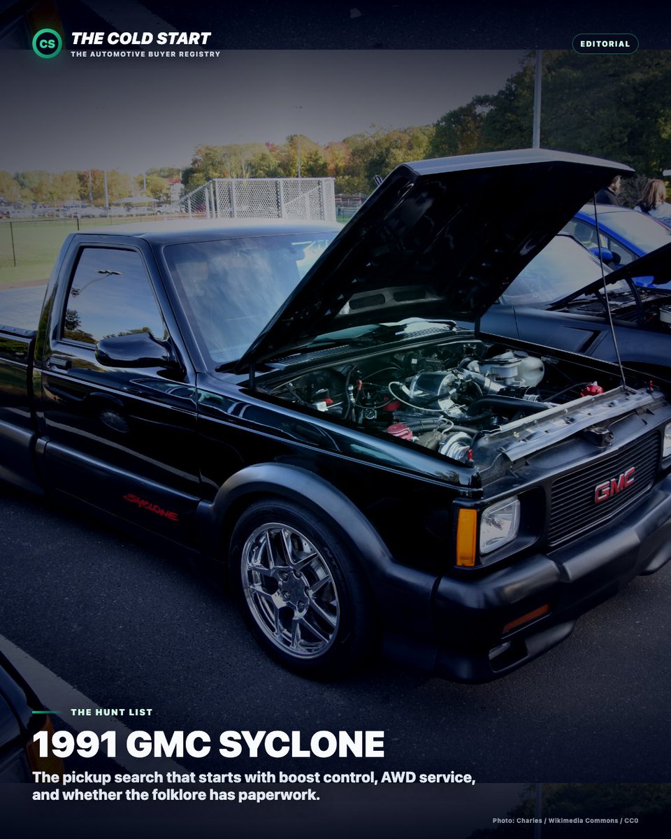 steves2J's tweet photo. THE HUNT LIST: 1991 GMC Syclone.

Black Sonoma-shaped pickup, turbo 4.3L V6, AWD, 4-speed auto.

The search gets serious around boost control, intercooler pump, trans, transfer case, cladding, rust, and records.

Truck, or sports-car loophole?

https://t.co/SMEqJOgIFv https://t.co/1t3wLfmJD4