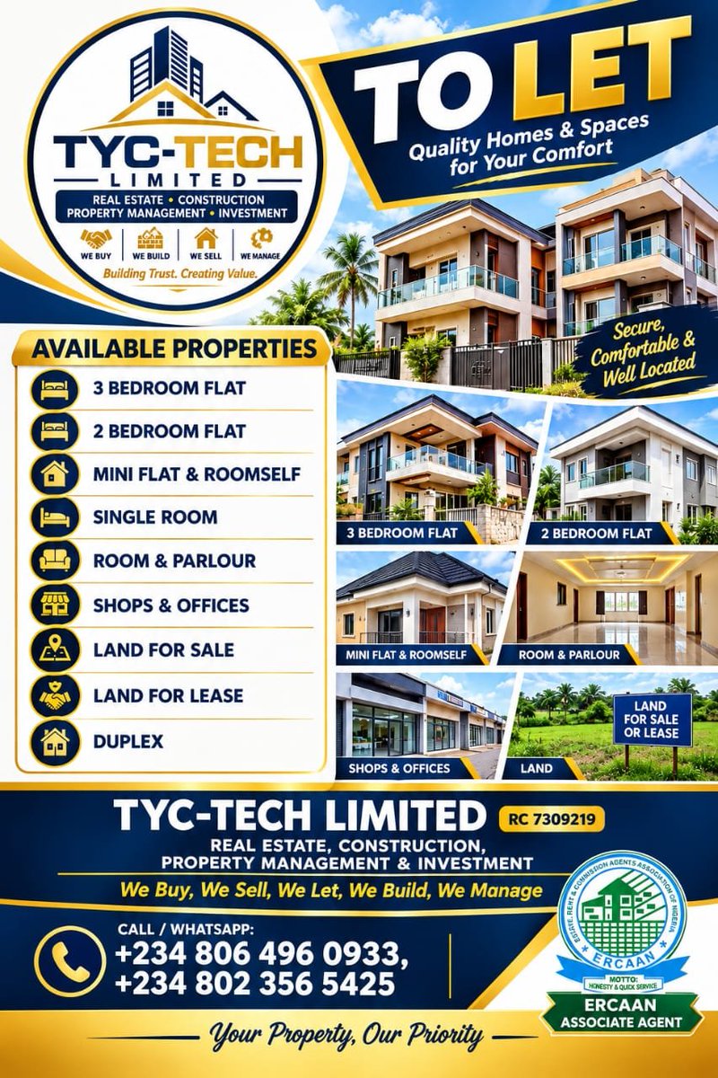 shoty4real2001's tweet photo. WE BUY | WE SELL | WE LET | WE BUILD | WE MANAGE

Trust • Transparency • Peace of Mind

TYC-TECH LIMITED RC 7309219
Your Property, Our Priority. https://t.co/gty6FC6q1T
