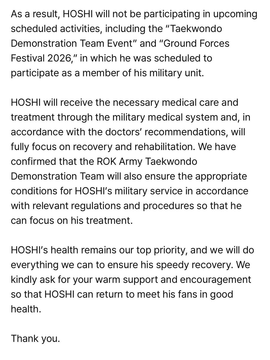 minghaocheoI_'s tweet photo. NOTICE ON HOSHI'S HEALTH STATUS

" Based on medical opinion that surgery was necessary, HOSHI underwent surgery on the afternoon of Friday, the 18th. 

The surgery was successfully completed, and HOSHI is currently resting and recovering."

omg hoshi 🥹🥹🥹🥹🥹 https://t.co/ICtE45JTJD