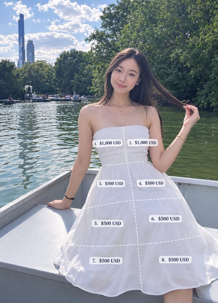 A dress marked with eight numbered, priced logo placements. Image from the creator’s campaign post.
