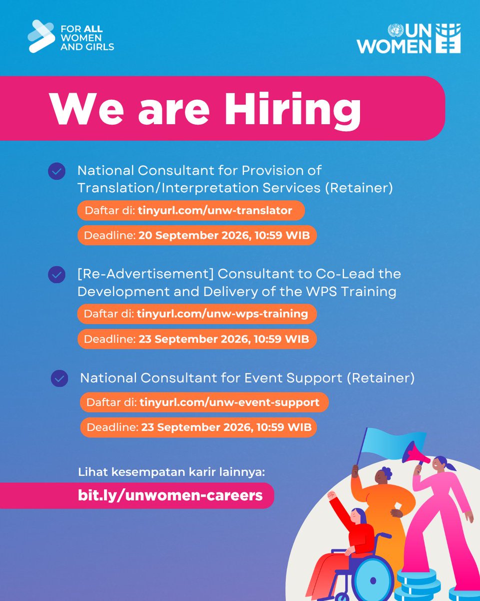 unwomenid's tweet photo. Work with us!

Bekerja bersama kami untuk mendukung kerja-kerja @unwomenid dalam memastikan pencapaian kesetaraan gender dan pemenuhan hak perempuan dan anak perempuan di Indonesia!

#Work4UN #WorkForUN #Career #UNJobs #Loker #LokerNGO #ForAllWomenAndGirls https://t.co/wMQWUAQ0iI