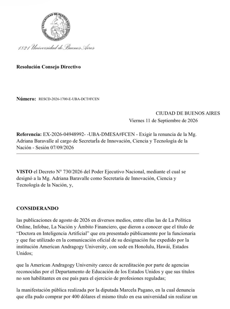 Marcelampagano's tweet photo. Cuánto tiempo más tenemos que pagarle el sueldo a la inepta Secretaria de Ciencia Baravalle (Doctora de IA en la Universidad que vende títulos truchos)? hoy la Facultad de Ciencias Exactas exigió su renuncia! Mientras la mandan de viaje por el mundo con la de los contribuyentes… https://t.co/DP6MZgA10h