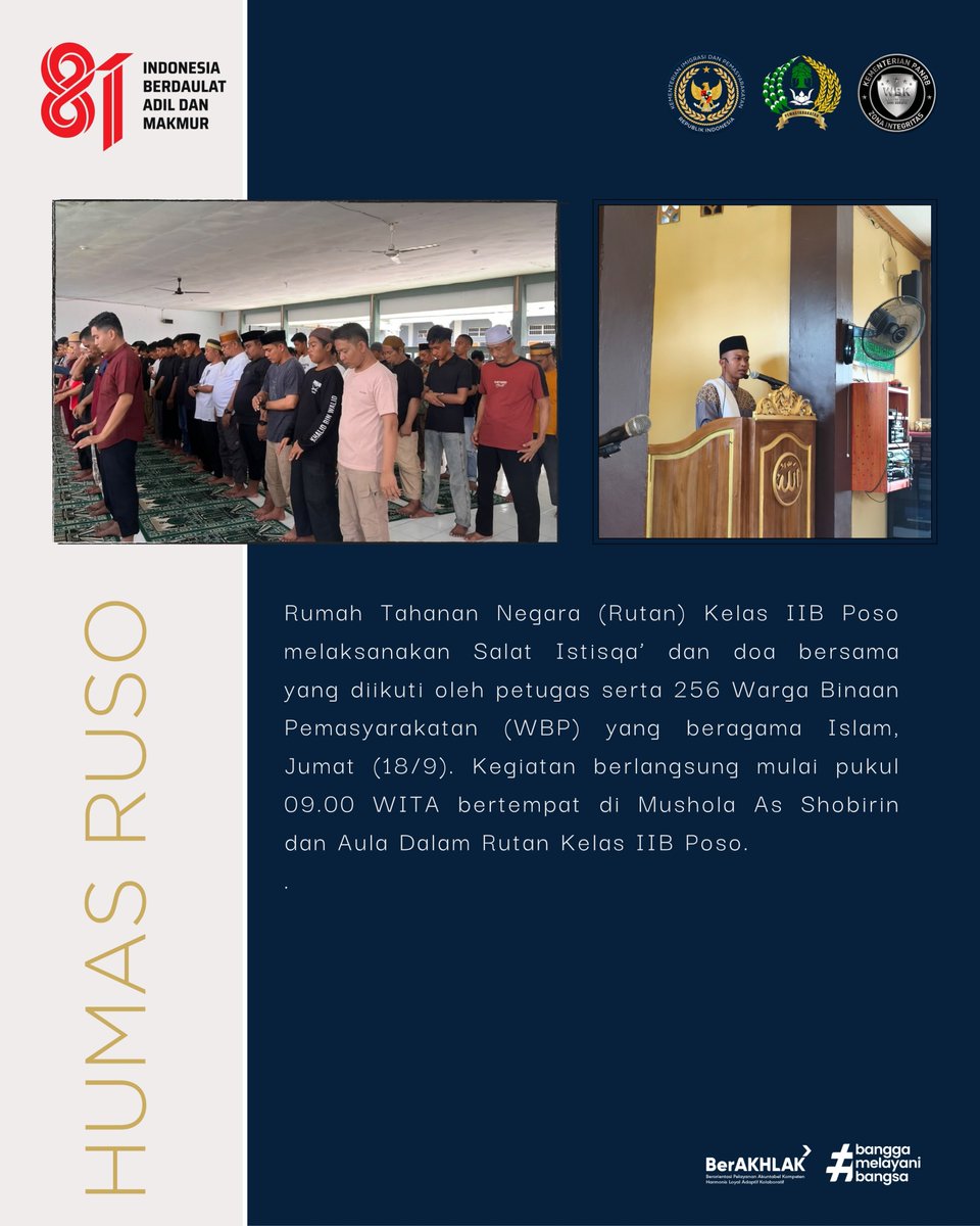 PosoRutan's tweet photo. Karutan Poso: Pimpin Salat Istisqa’ untuk Memohon Turunnya Hujan di Tengah Kemarau

SELENGKAPNYA: https://t.co/b9nbbAIlfe

#RutanPoso #Kemenimipas #Ditjenpas #Pemasyarakatan #KemenimipasSulawesiTengah #RutanKelasIIBPoso #SalatIstisqa https://t.co/18s0ZWbMzf