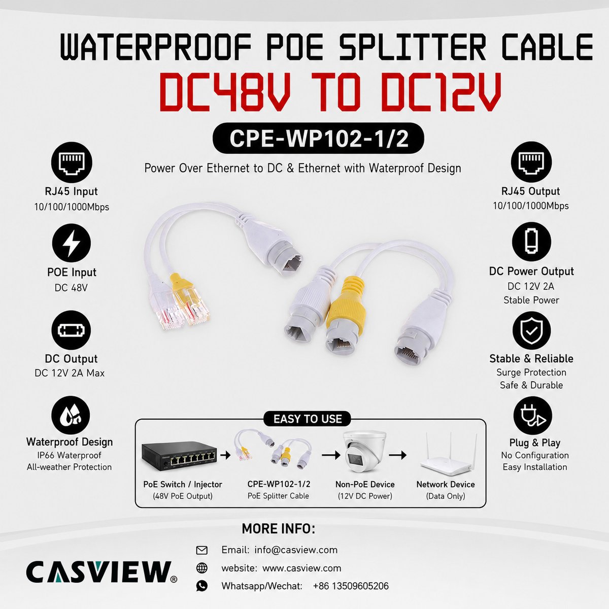 casview_cctv's tweet photo. CPE-WP102-1/2 Waterproof PoE Splitter Cable. Casview wholesale CCTV accessories. https://t.co/4v0Zwbi9g1 | info@casview.com | WhatsApp:008613509605206 #OutdoorPoE #IPCamPower #SurveillanceCabling #EthernetSplitter #CCTVsupply #WeatherproofHardware #PowerConversion #B2BSecurity https://t.co/6B7nN0oBrk