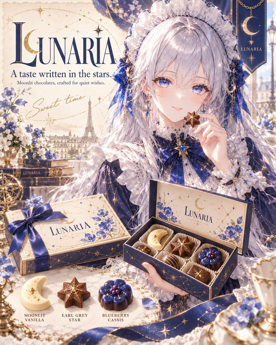 LUNARIA2026's tweet photo. ルナリアです。ナツ|プロフィールデザイナーさん💕のプロンプトをお借りして、海外ショコラブランド「LUNARIA」のキャンペーン広告を制作しました。

銀髪、青い瞳、白いフリル、星月の装飾を生かし、アイボリー×コバルトブルー×シャンパンゴールドで統一。月夜のパリにあるティーサロンのような、繊細で上品なブランド世界観に仕上げています。

代表フレーバーは以下の3種です。

MOONLIT VANILLA：バニラプラリネの白い三日月
EARL GREY STAR：ベルガモット香る星形ショコラ
BLUEBERRY CASSIS：ベリーを包んだ青い花のショコラ