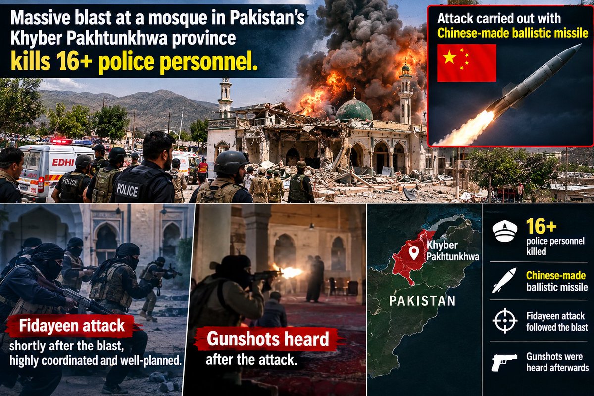 mishrayash17's tweet photo. A massive bomb blast by TTP at a mosque in Pakistan's Khyber Pakhtunkhwa province killed than 16+ policie personnel.Following the blast, a highly coordinated fidayeen attack took place.After that, gunshots were heard.
#KohatAttack #MosqueBlast #KhyberPakhtunkhwa #TTP #Pakistan https://t.co/VtVpUIe57e