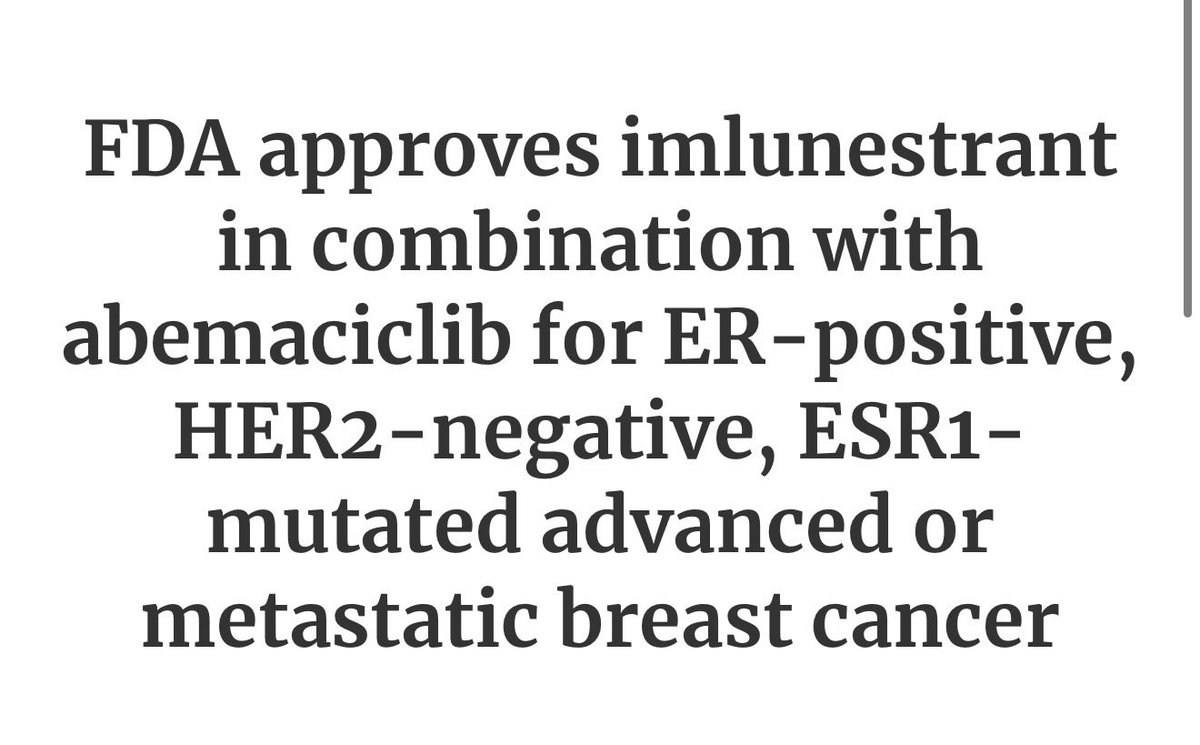 Dr_ElvinaA's tweet photo. FDA has approved imlunestrant + abemaciclib for adults with ER+/HER2−, ESR1-mutated advanced/metastatic breast cancer.
In the EMBER-3 ESR1-mutant subgroup:
• mPFS: 11.1 vs 5.5 months
• HR 0.53
• ORR: 35% vs 15%
#BreastCancer #ESR1 #FDA #BCSM @Larvol @OncoAlert https://t.co/ByHQPMCIx8