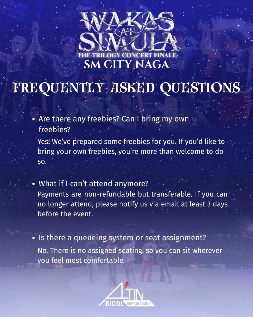 SB19_Bicol's tweet photo. WHAT? Di na bala-- oh kinanta nya π
Sa lahat ng who, what, when, where, why, at how mo, we got you. Here are FAQs for our WAKAS AT SIMULA: The Trilogy Concert Finale Watch Party in Naga.
βοΈStill got more? Ask away in the comment section! π
#SB19 #WakasAtSimula #OADay https://t.co/3YpBYwYahL