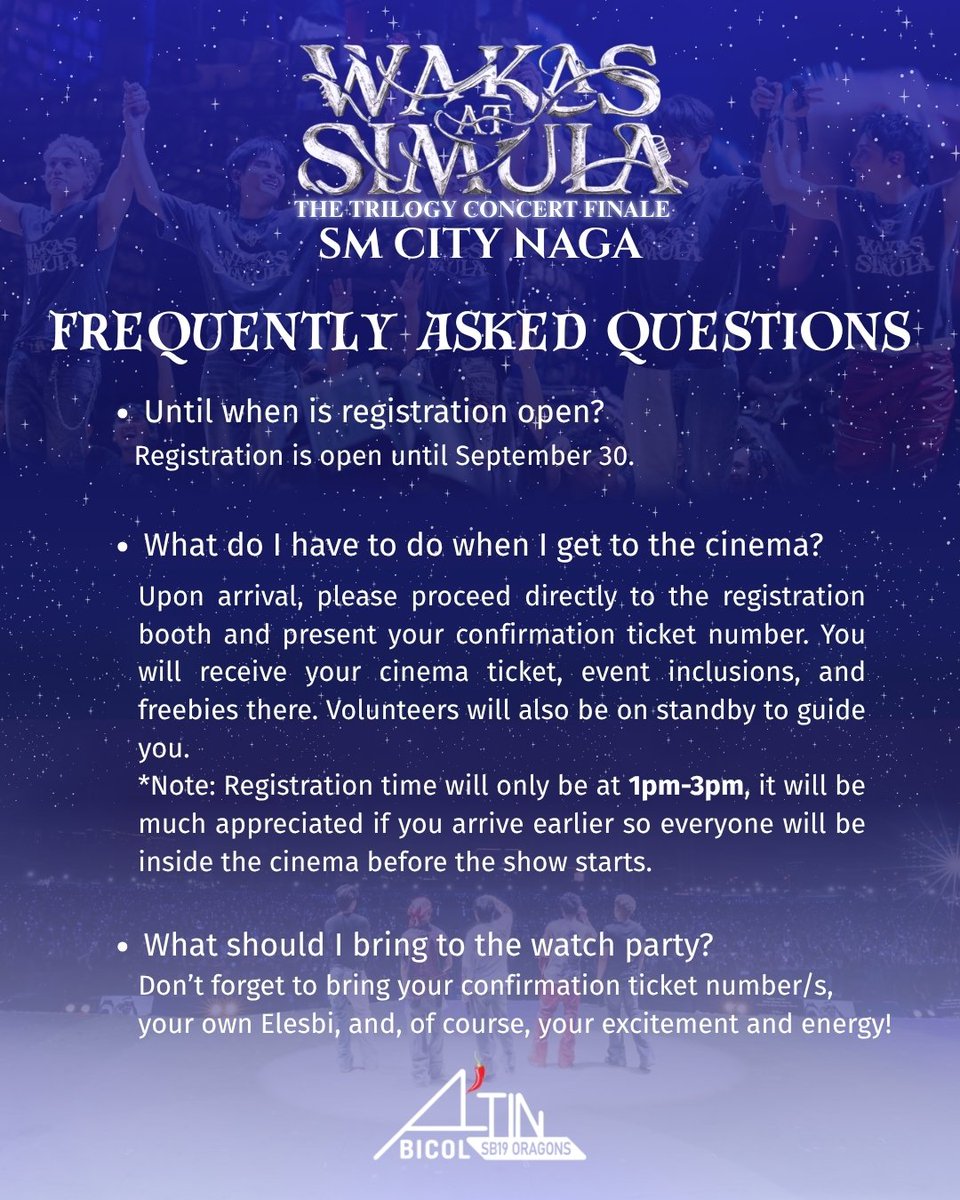 SB19_Bicol's tweet photo. WHAT? Di na bala-- oh kinanta nya π
Sa lahat ng who, what, when, where, why, at how mo, we got you. Here are FAQs for our WAKAS AT SIMULA: The Trilogy Concert Finale Watch Party in Naga.
βοΈStill got more? Ask away in the comment section! π
#SB19 #WakasAtSimula #OADay https://t.co/3YpBYwYahL