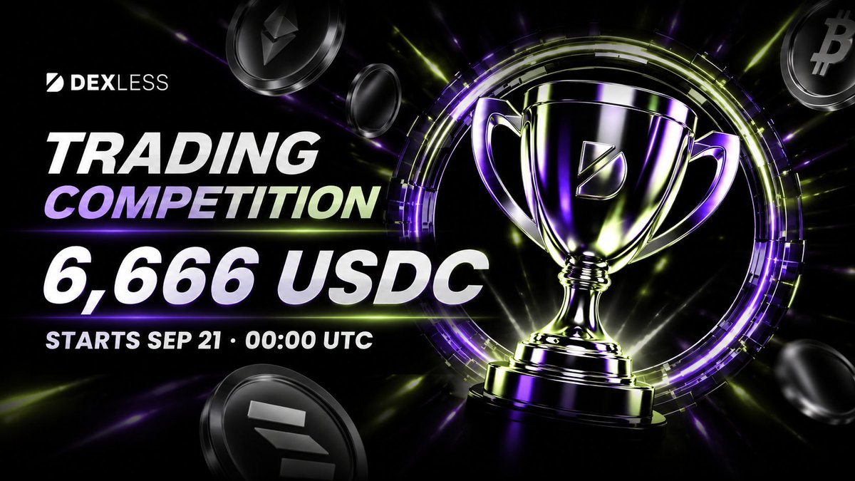 DexlessEx's tweet photo. Something big is about to begin. 🏆

6,666 $USDC is waiting.
Two leaderboards, 100 winning spots.

The DEXless Genesis Sprint starts Sep 21 at 00:00 UTC.

Get ready 👇
https://t.co/HxvD9owDxe https://t.co/fGBkcUqBZ9