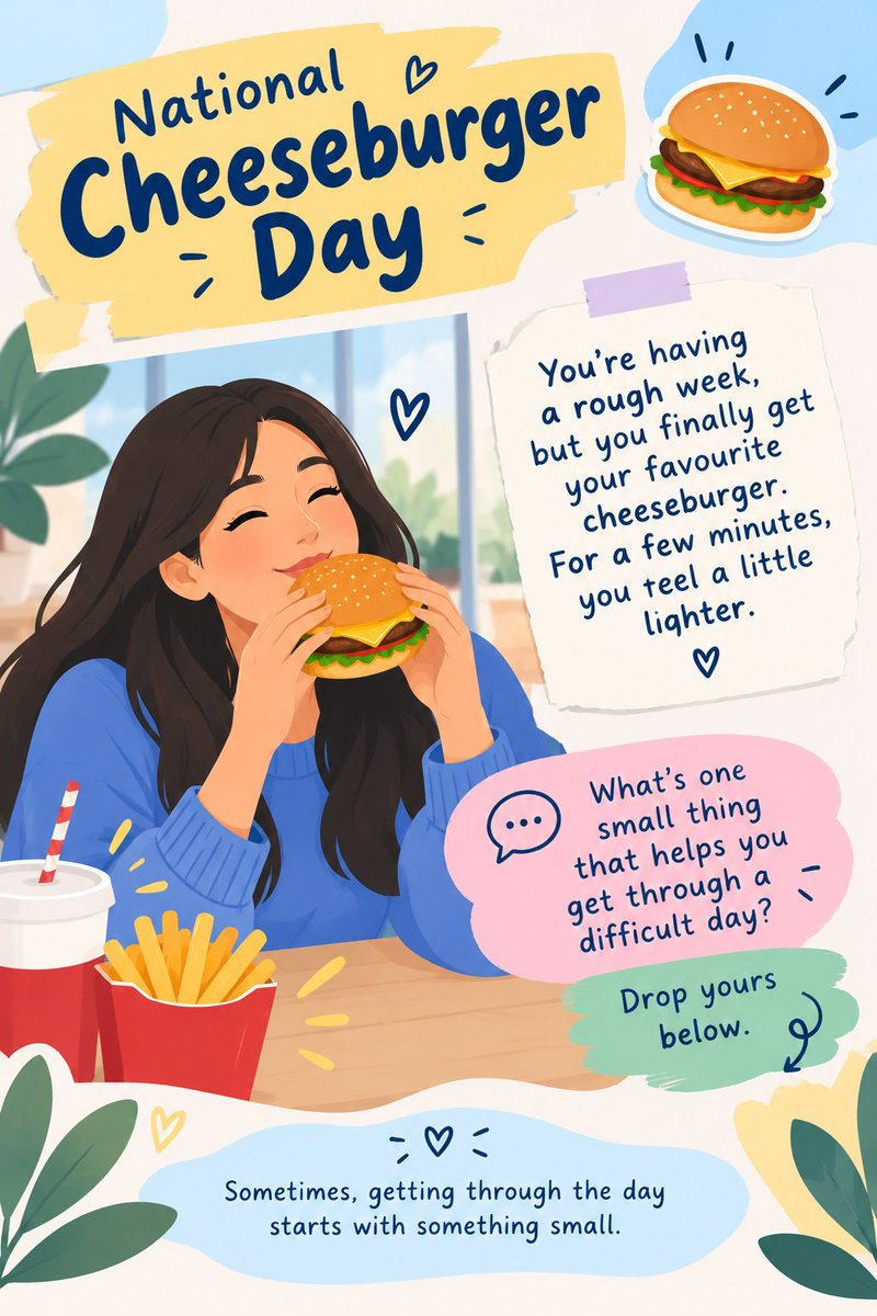 ResiliNet's tweet photo. Sometimes, getting through the day starts with something small. A favorite meal, a good conversation or simply giving yourself permission to rest. 🍔💛

What’s your little comfort on a difficult day?

#fypシ゚viral  #NationalCheeseburgerDay #MentalHealth #SelfCare #fyp https://t.co/YfG0sHjHci