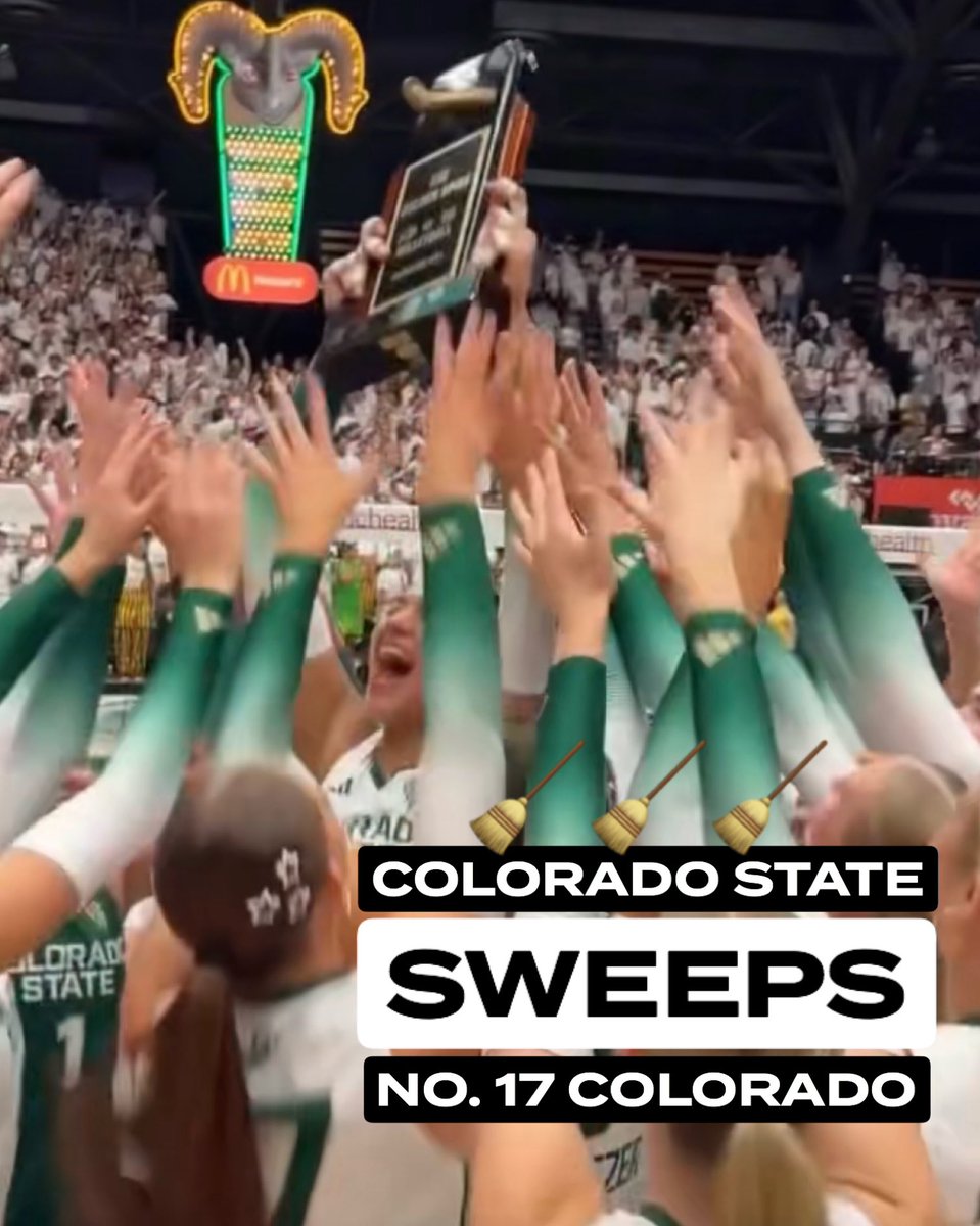 pac12's tweet photo. .@CSUVolleyball SWEEPS No. 17 Colorado 🧹 in front of sold out crowd 🧹 snaps Buffaloes unbeaten streak 🧹 golden spike secured 🤝

(🤳 via @CSURams) https://t.co/jDTqpCdSIx