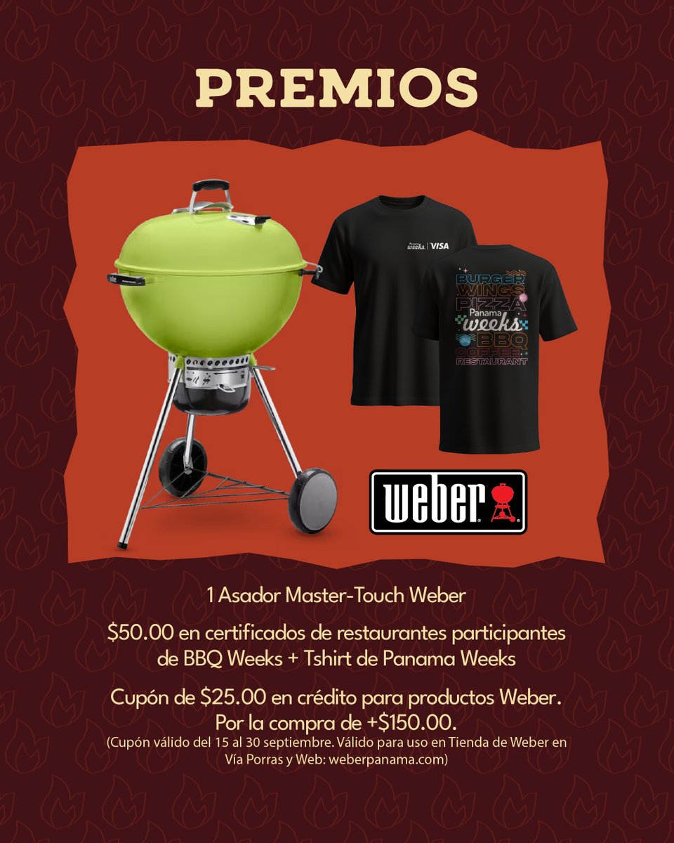 PanamaWeek's tweet photo. ¡Tu Pasaporte BBQ Weeks te provoca y te premia! 

En BBQ Weeks cada visita suma una nueva oportunidad de acercarte al GRAN PREMIO

Activa aquí:
https://t.co/58YorGexrS

🔓Desbloquea premios aleatorios⤵️
✔️Cupón de $25.00 en crédito para productos Weber por la compra de +$150.00 https://t.co/ChkL65z8L0