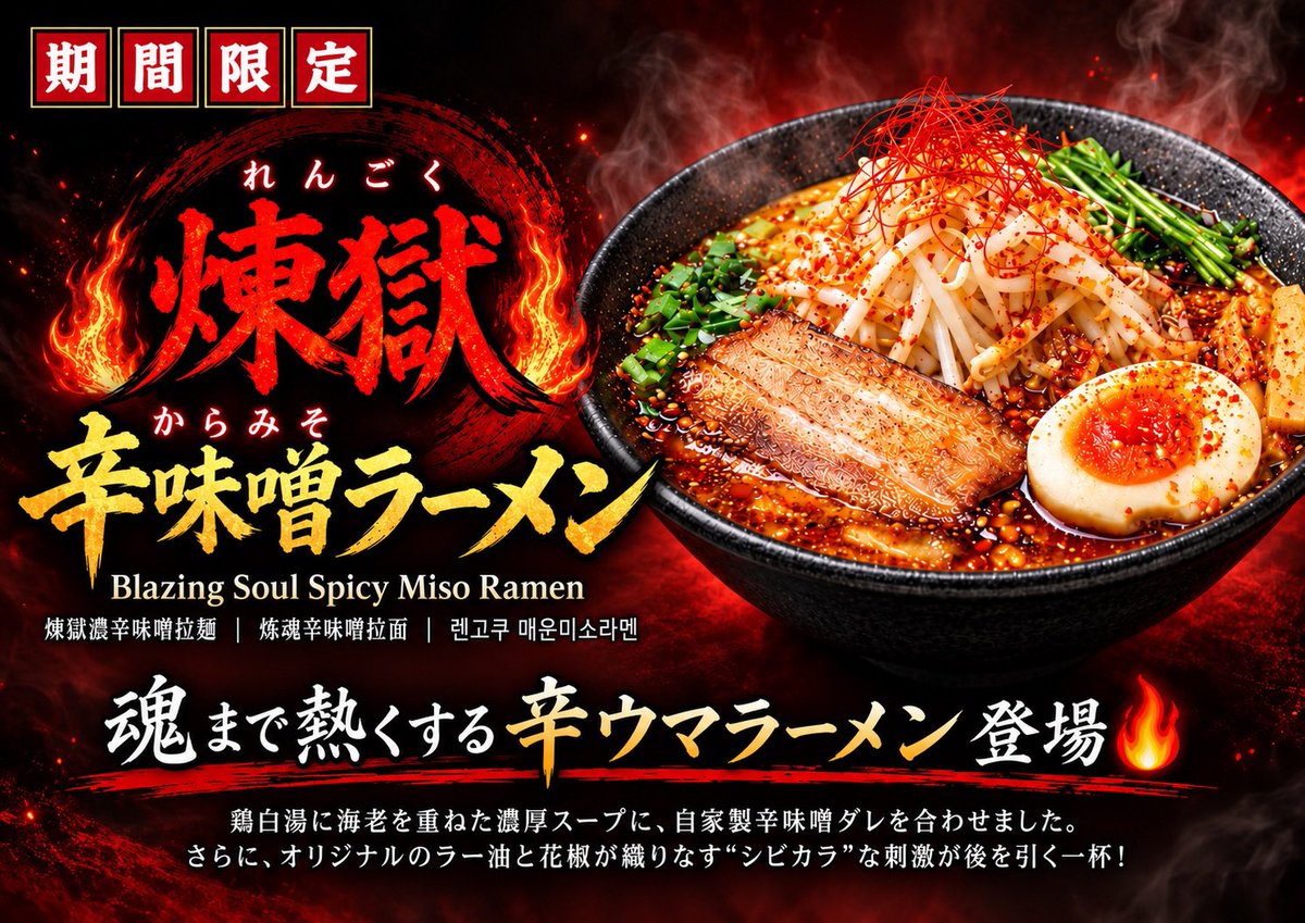 gancon_noodle's tweet photo. 期間限定「煉獄辛味噌ラーメン」1350円。絶賛好評発売中です！もやしたっぷりトッピングに、自家製ラー油と濃厚味噌スープ。少し固めに茹でた平打ち麺がよく絡みます。食べ応えある逸品です。秋冬限定商品です。ぜひご賞味ください。#ガンコンヌードル　#ラーメン　#駒込　#駒込ランチ　#駒込グルメ https://t.co/ev4KlT2wft