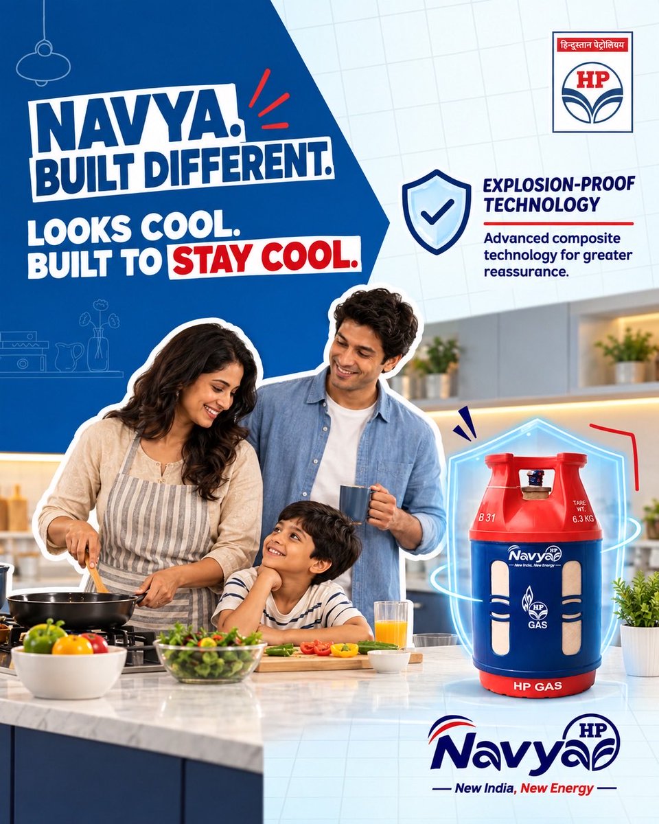 HPCLDurgapurlpg's tweet photo. 🛡️ Looks cool. Built to stay cool.

HP Navya is built different — with advanced composite technology and an explosion-proof design that brings greater reassurance to every kitchen. 🔴🔵

Book Navya through HP Pay at https://t.co/GnNa5ODnyt 

#HPNavya @HPCL @HPGAS_HQO https://t.co/VSdaqK0qSi