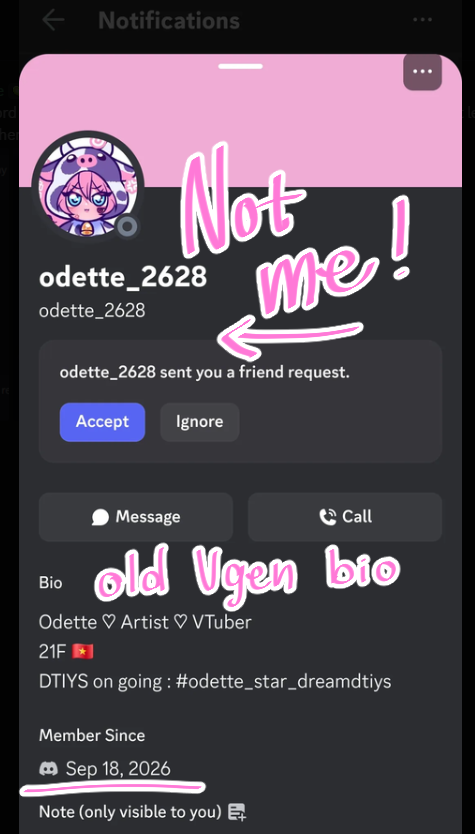 odette2628's tweet photo. ⚠️SCAM ALERT⚠️

I woke up to messages on VGen from my clients saying there's someone contacting them on Discord, claiming they were me and asked about commissions.

They copied everything on my VGen profile, name, bio, pfp etc that even confused me for a minute to realize it wasnt me

If you see them contacting you on Discord, please block them immediately to avoid scams or false, misleading infomation.

Thank you so much!!🌷