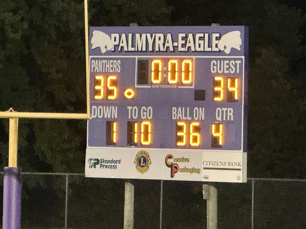pepantherfball's tweet photo. Final from Palmyra: Palmyra-Eagle- 35 Oakfield 34

Jake Rohda- 5 TD’s 
Sebastian Brook- 2 TD’s 
Josiah Kenny- 2 TD’s 
Nate Brodzik- 1 TD 

Panthers move to 5-0 with an incredible come from behind victory in the final seconds! 

#win5 #lastsecondwin #ALLEIGHT #ALLOUT #ALLGAME https://t.co/yKyilpA5A0