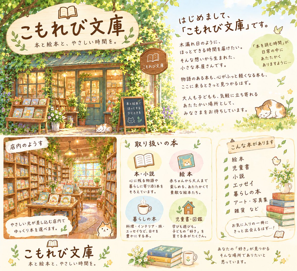 sTinyGardenV's tweet photo. 📚こもれび文庫🌿

本と絵本とやさしい時間

木のぬくもりと柔らかな灯りに包まれた
Tiny Garden Villageの小さな本屋さん📖

お気に入りの一冊を探したり
窓辺でゆっくりページをめくったり

あなたの心に、そっと残る一冊を
見つけに来ませんか？

 #Tiny_GV  #キラパラ  #キラパラ非公式 https://t.co/S8x7vwHKxc