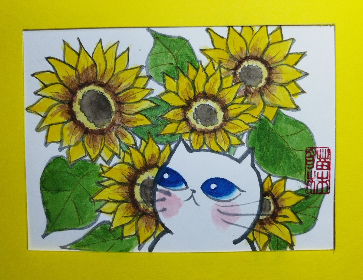 nekokaki60's tweet photo. まだ咲いてる…ここだけ夏やん
 #アナログ  #イラスト
 #猫  #ねこ  #cat  #今日の猫 https://t.co/J4s3Dar45N