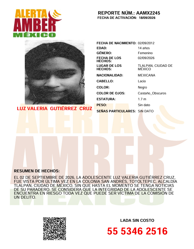 AAMBER_mx's tweet photo. #AlertaAMBER solicita su apoyo y RT para la búsqueda y localización de la adolescente LUZ VALERIA GUTIÉRREZ CRUZ, de 14 años de edad. https://t.co/IAi86NMATF