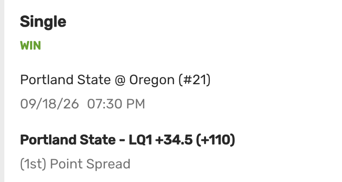 ReturnOfTheBigA's tweet photo. Just ANOTHER incredible Big Game Hunting card 🎯 

7-1, about to be 8-1 +18.9U 🔥 🔥 We go again tomorrow with a big time CFB slate 🏈 

7U Dante Moore 200+ passing yards & Hammond 125+ passing yards -127 parlay via FD ✅ 

5U Texas Tech ml & under 61.5 points -137 SGP via FD ✅

4U Texas Tech 1Q under 7.5 team points & Miami half time / full time -116 parlay ✅
4U Moore 200+ passing yards & Gio Lopez 150+ passing yards -134 parlay via FD ✅

3U Dante Moore over 234.5 passing yards -115 
3U Portland State 1Q +17.5 -118 via FD ❌
3U Texas Tech ml, Hammond 100+ & Miami ml Wake Forest +35.5 -117 parlay via FD ✅
2U Texas Tech ml & Hammond 150+ passing yards -131 ✅
2U live Portland State 1Q +34.5 +110 ✅ 

#Gambling𝕏