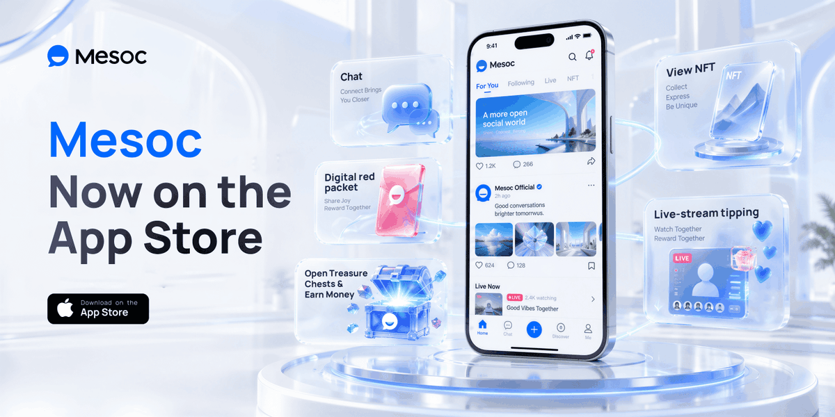 Mesoc_DCS's tweet photo. Here Mesoc is now on the @AppStore 

Chat. Onchain red packets. Live. NFT. Treasure chests.
The next place to find us is the one already on your phone.

Download Mesoc.

https://t.co/MTlJZQI0sD https://t.co/EwdYwE4cDQ