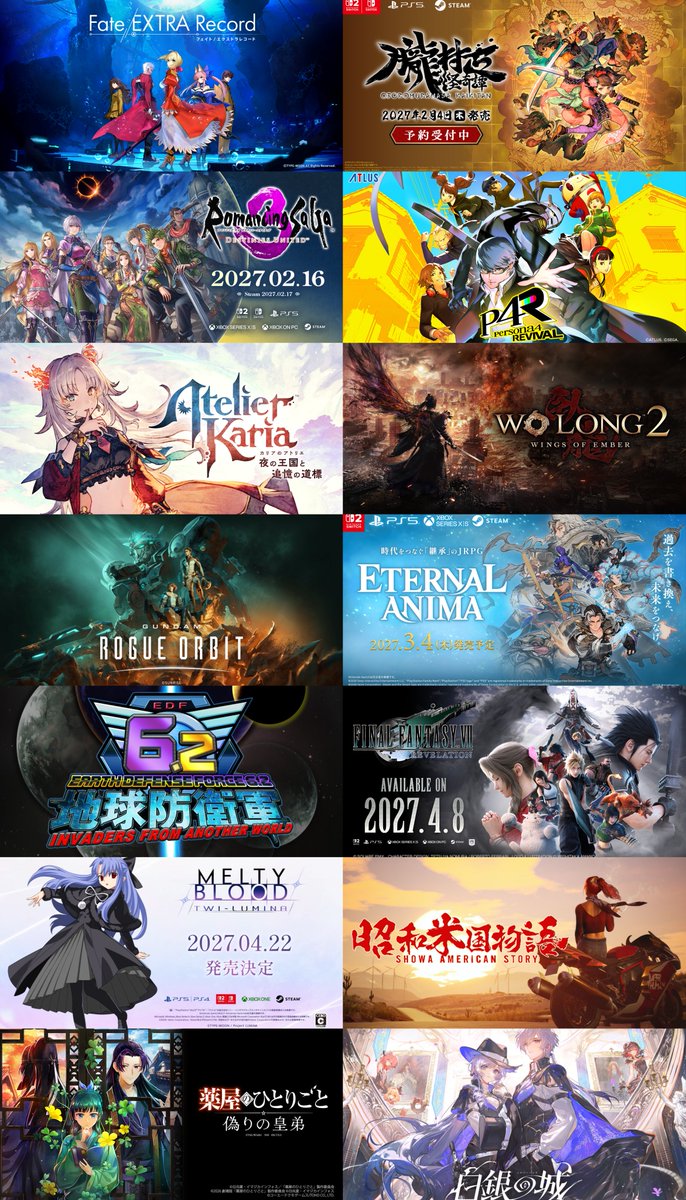 Renka_schedule's tweet photo. ✅GTA6・FF7等、秋～春までの主なPS5ゲーム

9/24　神貌のクリファ
9/24　サイレントヒル タウンフォール
9/24　コントロールレゾナント
9/24　GOBBLE

10/01　ゴーストオブヨウテイ コンプリート
10/01　真・三國無双2 リマスター
10/01　むちむちポーク＆ピンクスゥイーツ
10/02　エースコンバット8
10/06　スターウォーズ レーサー
10/08　キングダムハーツ コレクション
10/08　ギア・クラブ アンリミテッド3
10/09　ドラゴンズドグマ2：ダークアリズン
10/15　テイルズ オブ エターニア リマスター
10/15　キャッスルヴァニア ベルモンドカース
10/15　ラタタン
10/22　ファイナルファンタジー レゾナンス
10/22　ステューピッド・ネバー・ダイズ
10/22　デモンズナイト フィーバー
10/24　Call of Duty Modern Warfare 4
10/29　Dune: Awakening
10/29　アノマリス
10/29　ファントム ブレイド ゼロ

11/05　クライムライト
11/12　崩落の国
11/12　プリニーすごろく
11/19　グランド・セフト・オートVI
11/26　グレイランサー&ジノーグ
11/26　君色パトラIF

12/03　ドラゴンクエストモンスターズ4
12/10　進撃の巨人3
12/10　エッジ オブ メモリーズ
12/10　カラドリウス2
12/10　Aeruta (アルタ)
12/10　SUPERやのまんCOLLECTION
12/10　野球格闘リーグマン
12/10　レイトン教授と蒸気の新世界

年内　PS1 ディノクライシス2
年内　PS2 ラチェット＆クランク

1/14　天地創造
1/14　13Z 十三座戦記
1/14　スーパーダンガンロンパ2×2
1/15　無限大ANANTA
1/15　タンクラット
1/15　STRANGER THAN HEAVEN
1/21　Wandering Sword
1/28　トロピコ 7
1/28　カラスBORN
1/28　ARIA BLUE I.夏音
1/28　Fate/EXTRA Record
1/28　アンティルドーン2

2/04　朧村正怪奇譚
2/05　メトロ2039
2/13　トゥームレイダーLoA
2/16　ロマンシング サガ3 DU
2/16　ゴッドオブウォー ラウフェイ
2/18　ペルソナ4 リバイバル
2/24　Fable
2/25　カリアのアトリエ

3/04　エターナル アニマ
3/04　ウォーロン2
3/05　ガンダム ローグオービット
3/18　地球防衛軍6.2

4/08　エクソダス
4/08　ファイナルファンタジー7リベレーション
4/22　メルティブラッド：トワイルミナ

🔽この期間に発売の可能性

白銀の城
昭和米国物語
薬屋のひとりごと
Kena：Scars of Kosmora
信長の野望・飛翔
CLUTCH
ロード オブ ザ フォールン II
Daba: Land of Water Scar
ロックマン：デュアルオーバーライド