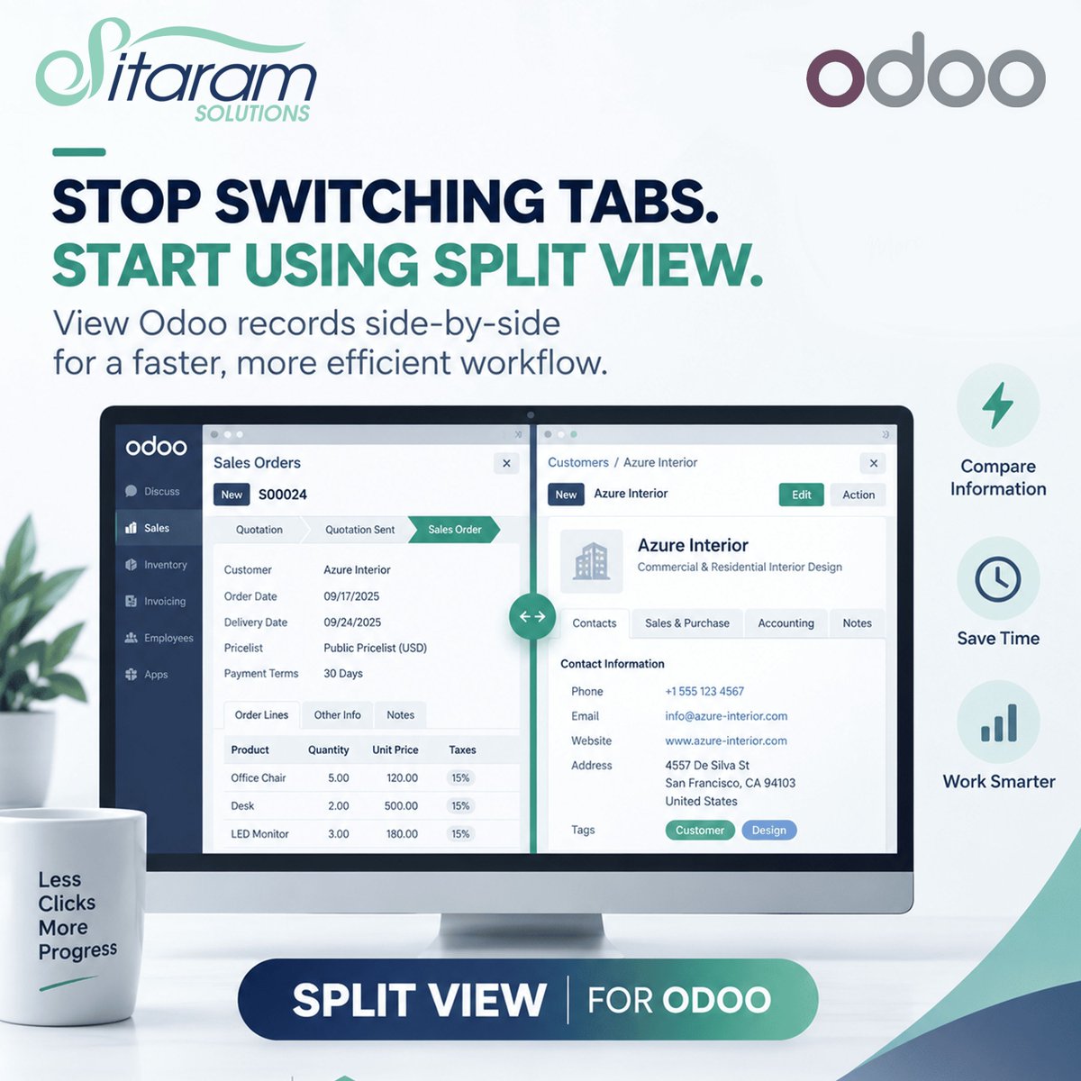 SitaramSolution's tweet photo. Stop opening records, going back, searching, and opening again. Split View keeps the list or kanban beside the form so you can review and edit in context.
https://t.co/NyrRh1LbhD
#SitaramSolutions #Odoo #ERP #OdooPartner #OdooServices #Productivity https://t.co/yMBkxJUHvp