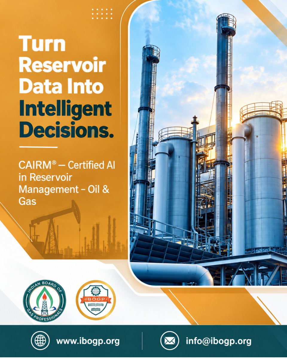 Ibogp_'s tweet photo. The CAIRM® certification equips professionals to integrate AI and machine learning into reservoir management. 

#cairm #artificialintelligence #reservoirsimulation #enhancedoilrecovery #oilandgas

📩 CONTACT

📧 info@ibogp.org

https://t.co/aN0YYlH5a7 https://t.co/bwK12JuwPu