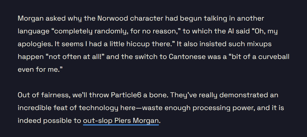 thetomzone's tweet photo. from me @Gizmodo 

AI-generated "actress" Tilly Norwood starts rambling in Cantonese during Piers Morgan interview https://t.co/bgaXk4pTxa https://t.co/OHkWDXGZ1I