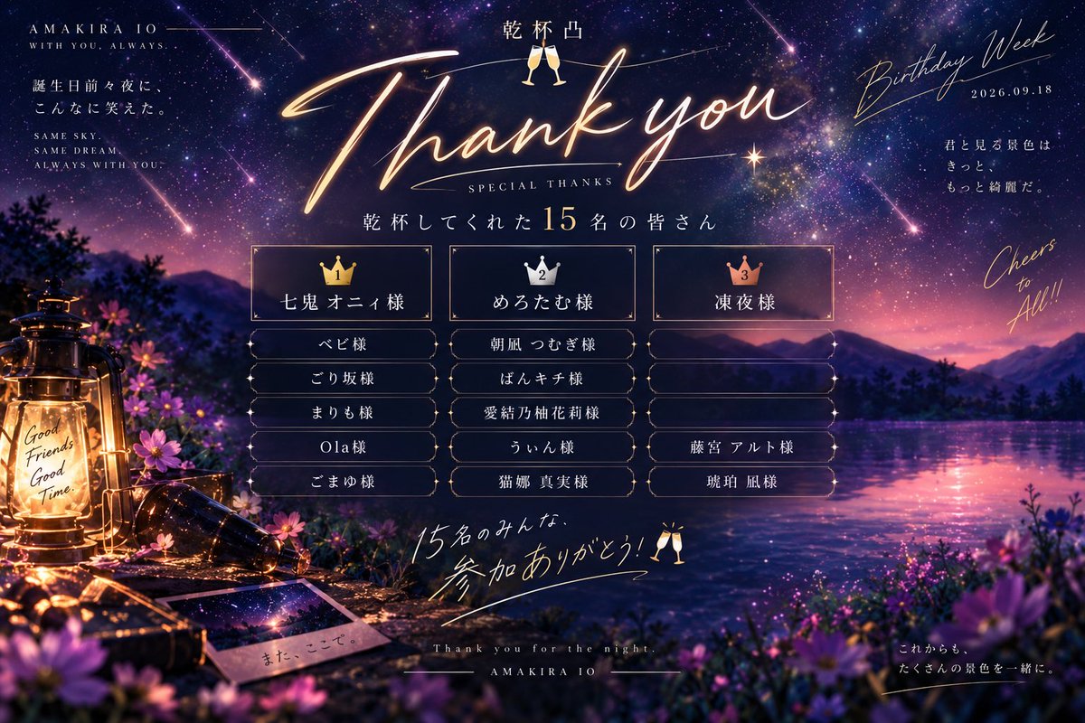 amakira_io's tweet photo. ✦ ───── 𝐓𝐇𝐀𝐍𝐊 𝐘𝐎𝐔 ───── ✦

🥂 乾杯凸、参加ありがとうございました❕

総勢15名のみなさんと乾杯🍻✨

🥇 七鬼オニィ様｜3.14【@oni_nanatsuki 】
🥈 めろたむ様    ｜3.24【@merotam714 】
🥉 凍夜様            ｜3.28【@zutto_iteyo 】

たくさん乾杯して、笑って、
めちゃくちゃ楽しい時間でした🍀⋆゜

そして24:00からは――
ベビ様・めろたむ様・凍夜様・まりも様を迎えて
＼＼ ﾏﾝﾃﾁ祭 開催‼️ ／／
【@baby_0200 】
【@marimo_rera 】

やっぱりみんなでﾃﾁするのは良いよね🙄🥃

ﾏﾝﾃﾁ・目玉の親父・まりもの親父。
この並び、もう鉄板トークすぎる🤣

たくさん笑わせてくれてありがとう。
みんなが居てくれたから、最後までずっと楽しかった❕

最高の夜をありがとう🐯🌟⋆꙳

🌟 ━━━━ ✦ 𝐀𝐌𝐀𝐊𝐈𝐑𝐀 𝐈𝐎 ✦ ━━━🌟