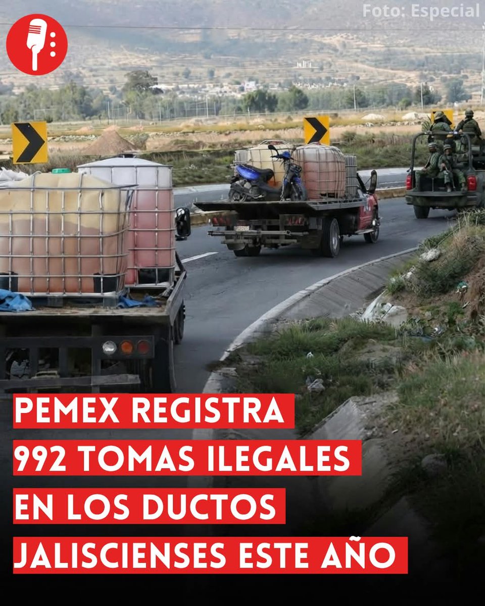 YosoyPedrero's tweet photo. 🚨OJO: PEMEX REGISTRA 992 TOMAS ILEGALES EN LOS DUCTOS JALISCIENSES ESTE AÑO   

Jalisco es el segundo estado con más tomas clandestinas en ductos: suma 992 en 2026, solo detrás de Hidalgo. En Tlajomulco aseguraron 40 mil litros de gasolina y no hay detenidos. https://t.co/KrPSFTtrtZ