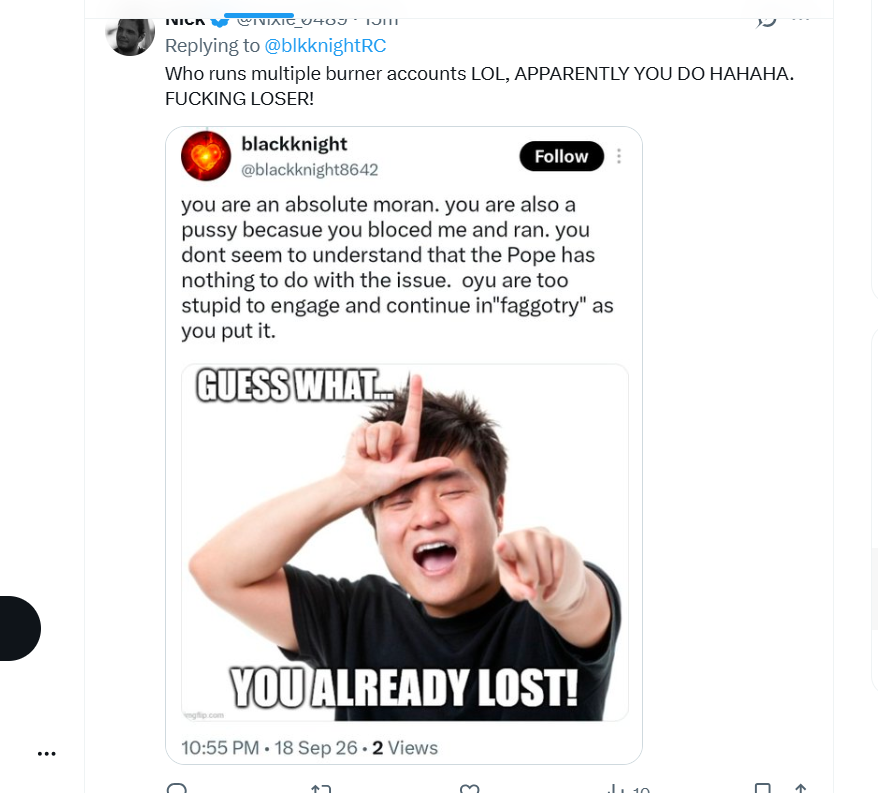 blkknightRC's tweet photo. here is
@Nixie_0489
posting his loss and being called a slur. he unblocks and then blocks because he cant handle basic responses. #orthobro #loser #fail https://t.co/2PixdCZzVV