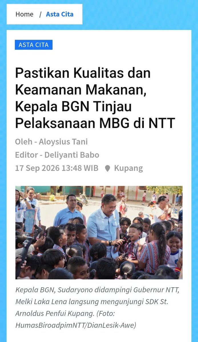 RiniSida's tweet photo. Senyum ceria anak-anak di NTT saat menikmati santap siang bergizi bersama Kepala BGN dan Gubernur NTT! Kehadiran langsung ini menjadi wujud kepedulian pemerintah untuk memastikan setiap porsi makanan yang diterima benar-benar higienis, aman, dan berkualitas tinggi. https://t.co/WkPfnKHMKZ