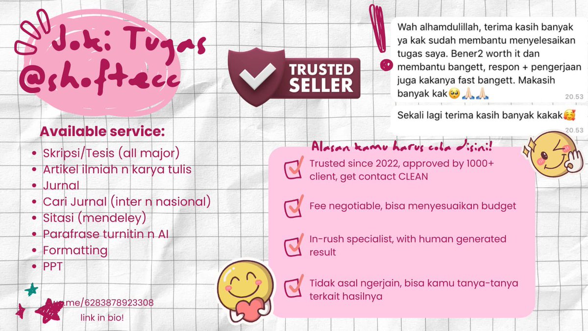 shoftecc's tweet photo. joki tugas open terus yaaa, bisa joki apa aja, joki skripsi, joki tugas, joki olah data SPSS, joki olah data SmartPLS, joki edit video, joki makalah, jurusan apapun bisa asal di diskusikan yaa🤗 #jokitugas #jokimurah #jokiskripsi 

wa di bio🙋🏻‍♀️ https://t.co/FklwbrPDfJ